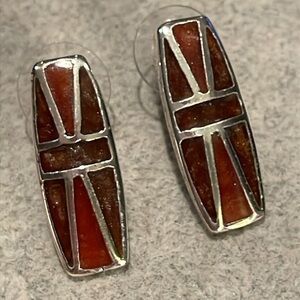 Geometric 1” Long Silver and Brown Earrings British Flag